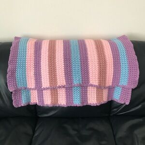 Handmade Crochet Blanket/Afghan/Throw in Purple, Pink, Brown and Blue. 55” X 36”